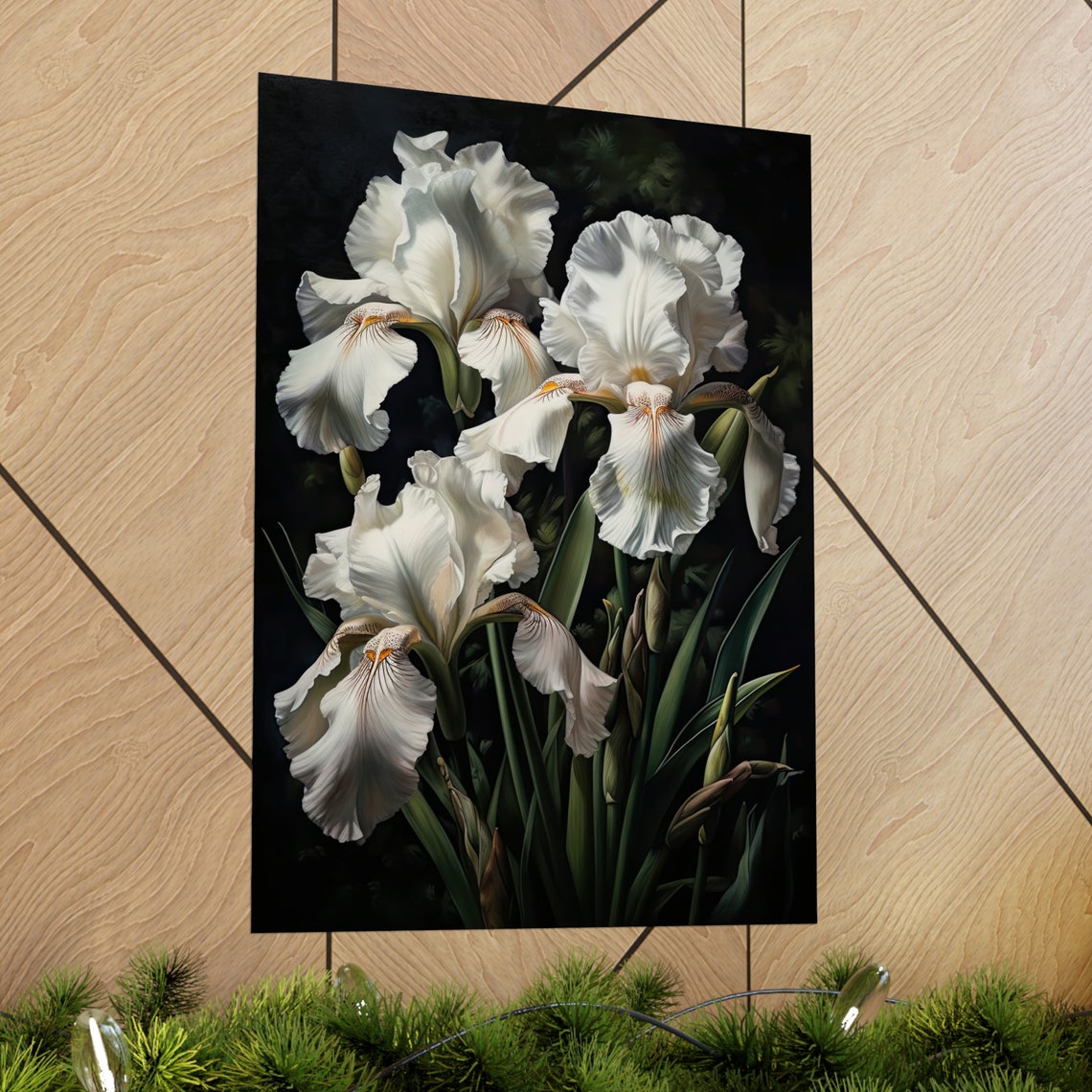 White Iris Blossoms Elegant Ruffled Dark Botanical Wall Art Print - Image 2