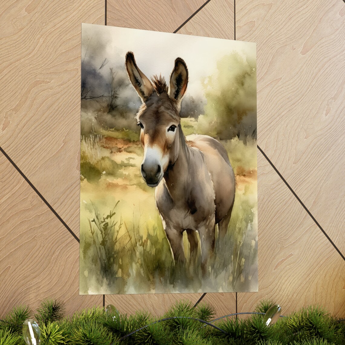 Donkey Portrait Golden Field Watercolor Farm Animal Cute Art Print - Image 2