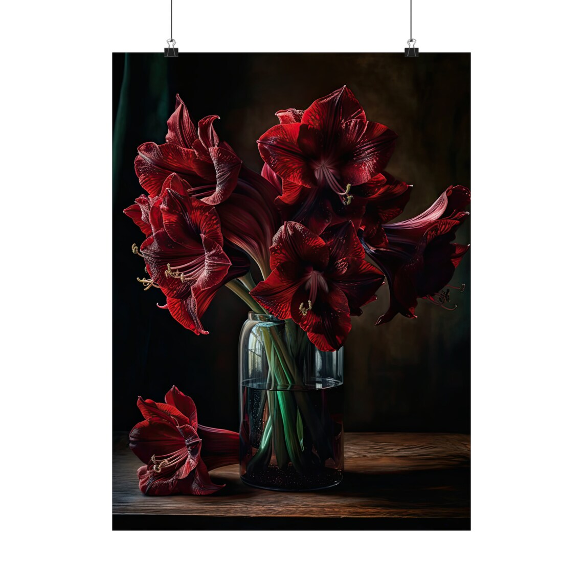 Burgundy Amaryllis Dark Still Life Flowers Glass Vase Art Print - Image 5