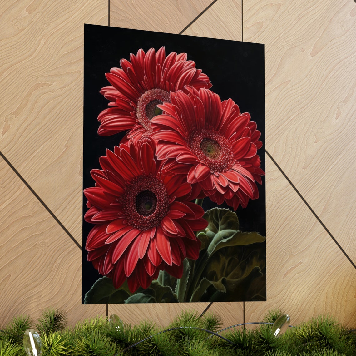 Deep Red Gerbera Daisies Dark Moody Floral Oil Painting Wall Art - Image 2