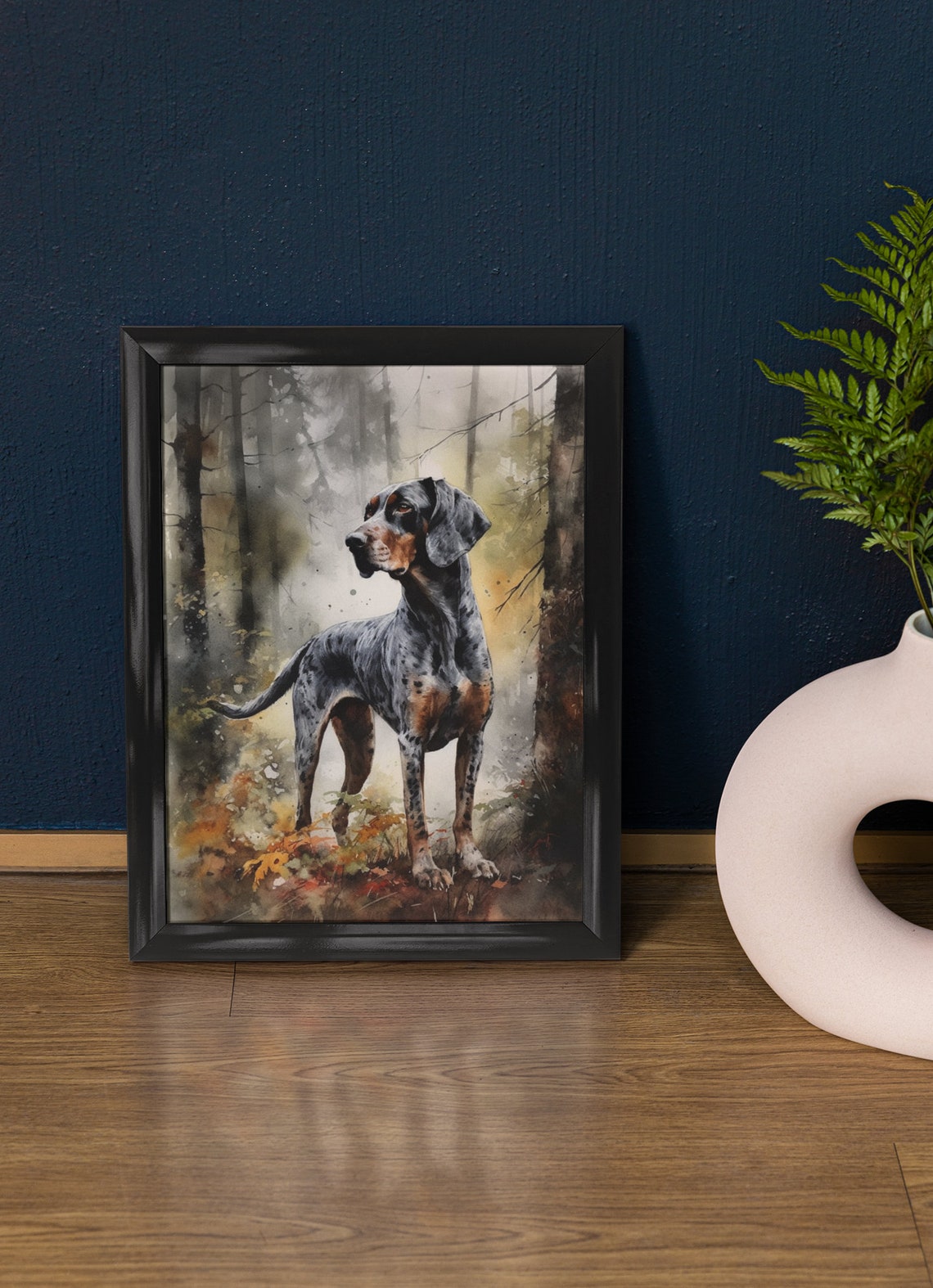 Bluetick Coonhound Standing in Misty Forest Watercolor Dog Print