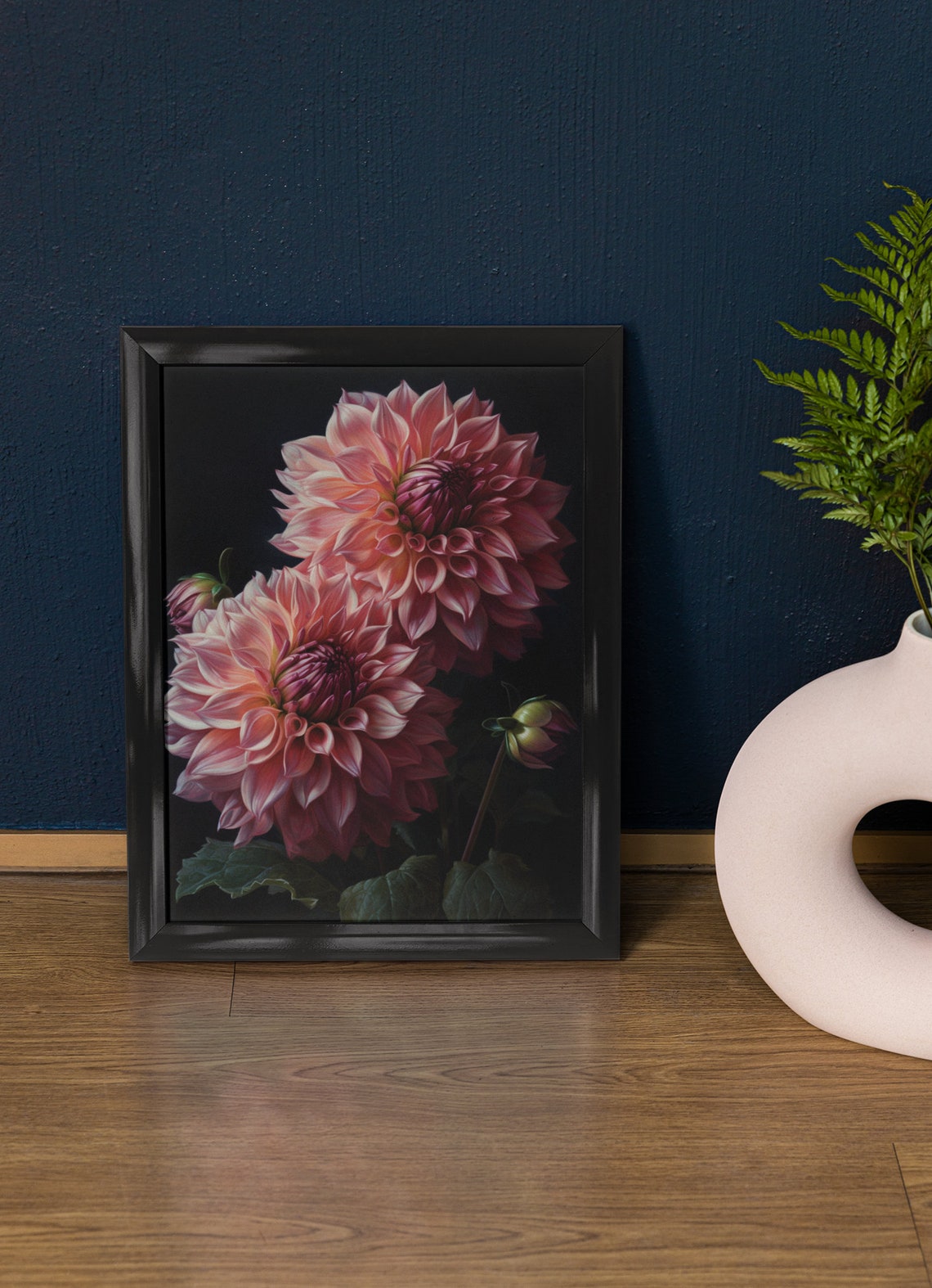 Pink Dahlia Blooms Dark Background Moody Botanical Fine Art Poster