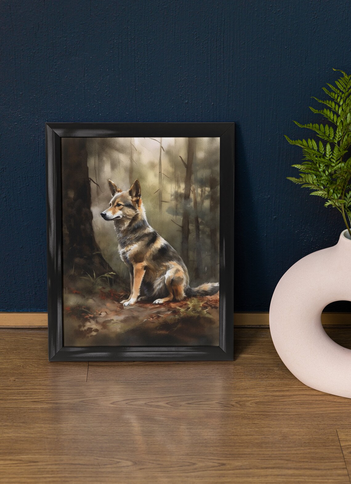 Swedish Vallhund Watercolor Portrait Sitting In Dark Forest Art Print