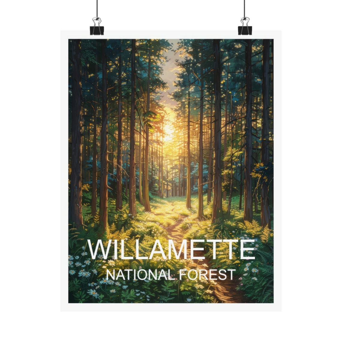 Willamette National Forest Sunlit Pine Trail Path Watercolor Poster - Image 4