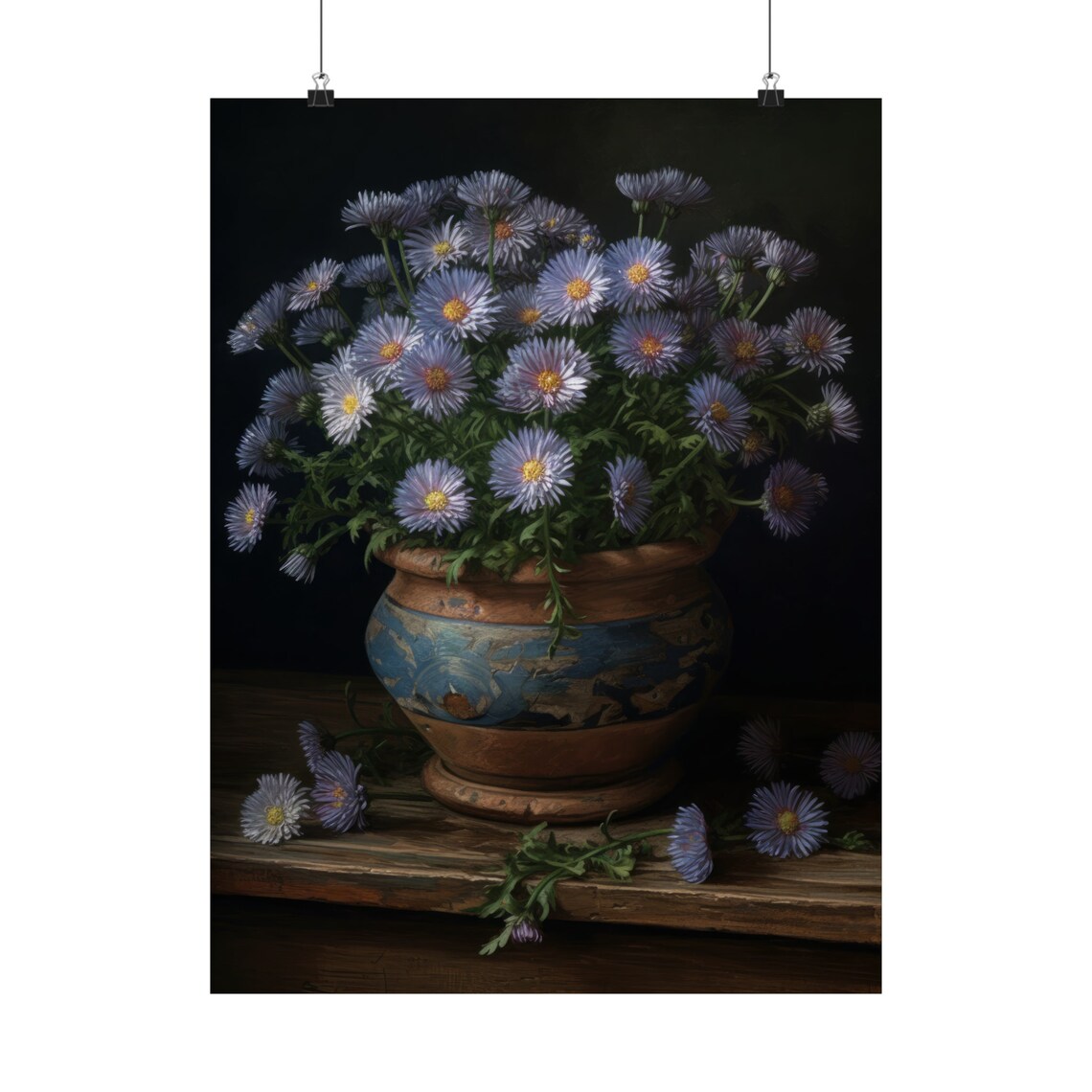 Blue Aster Flowers Antique Porcelain Vase Dark Still Life Art Print - Image 5