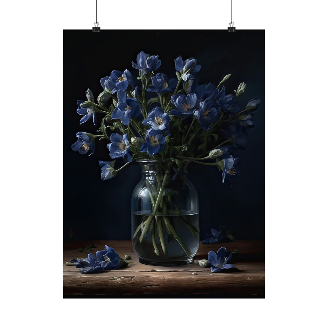 Midnight Blue Freesia Bouquet Glass Vase Dark Still Life Poster - Image 5