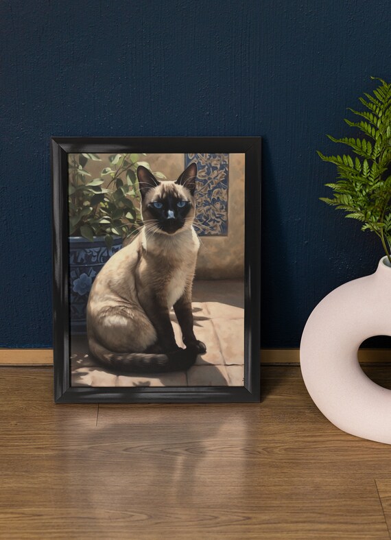 Siamese Cat Sunlit Patio Blue Planter Elegant Feline Art Poster