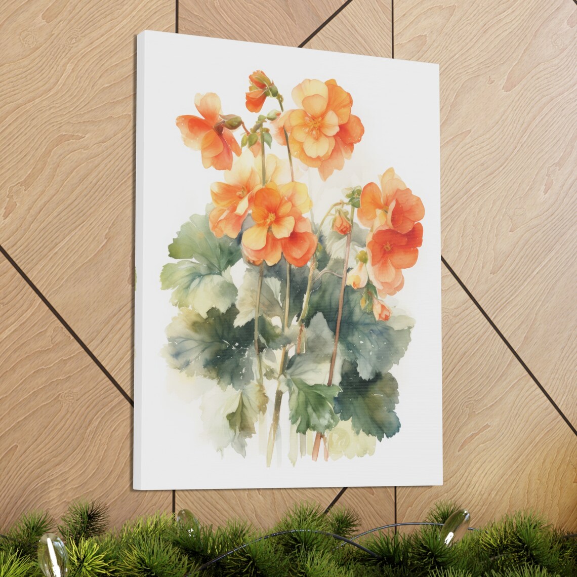 Orange Begonia Watercolor Flower Blooms Green Leaves Botanical Print - Image 3