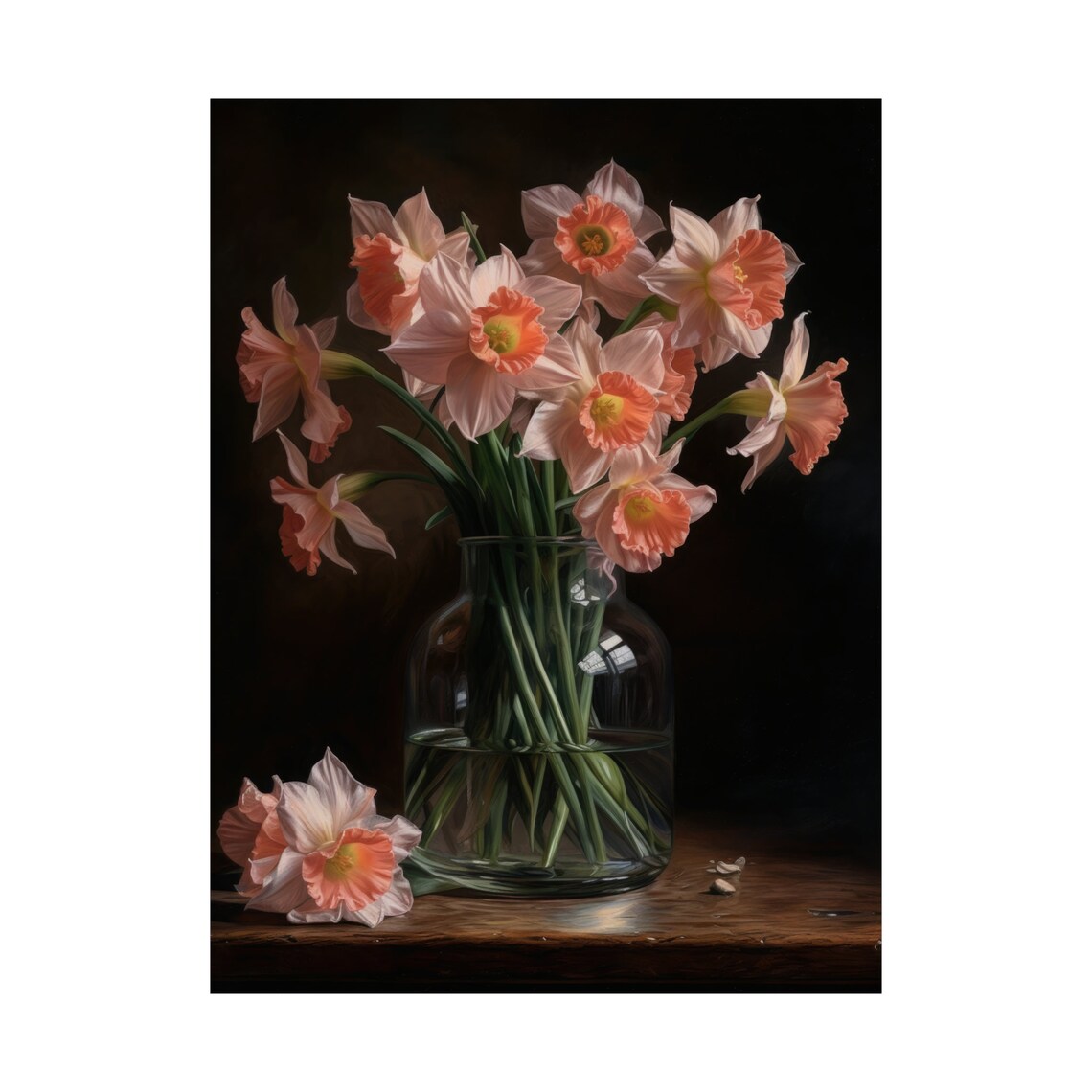 Pink Daffodil Bouquet Soft Blush Stems Glass Vase Still Life Poster - Image 4