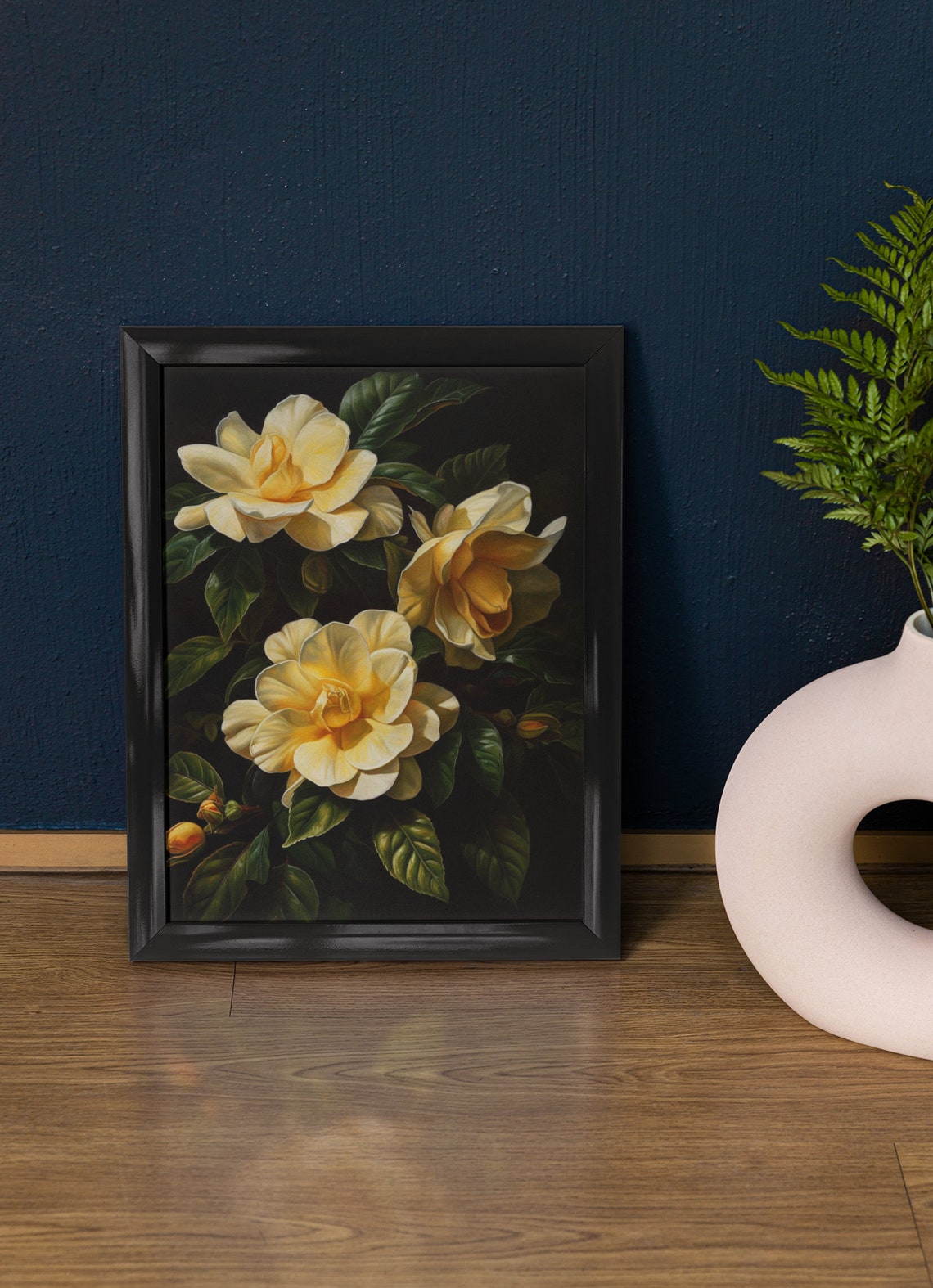 Golden Yellow Gardenia Large Blooms Lush Dark Floral Wall Poster