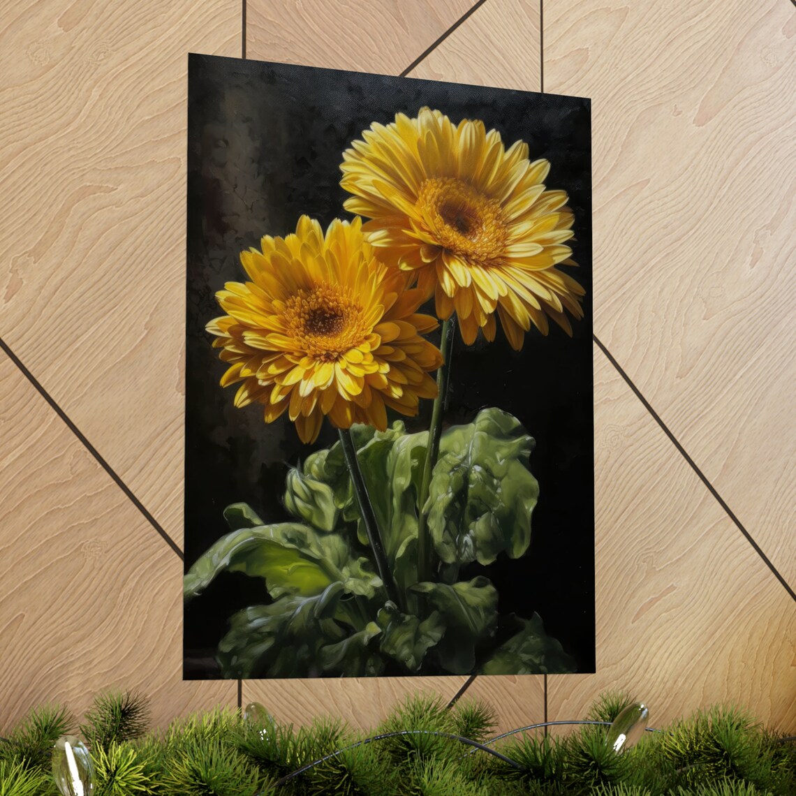 Yellow Gerbera Daisies Dark Moody Floral Oil Painting Botanical Art - Image 2