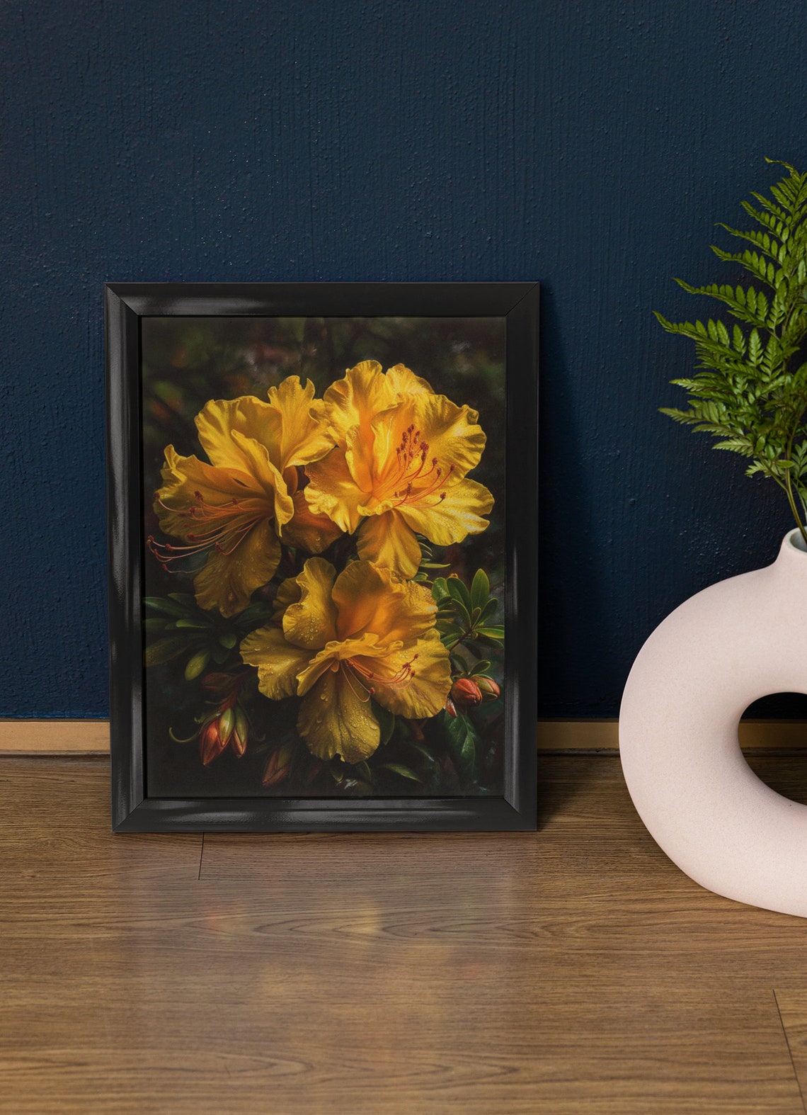 Yellow Azalea Blossoms Dramatic Dark Background Floral Art Print