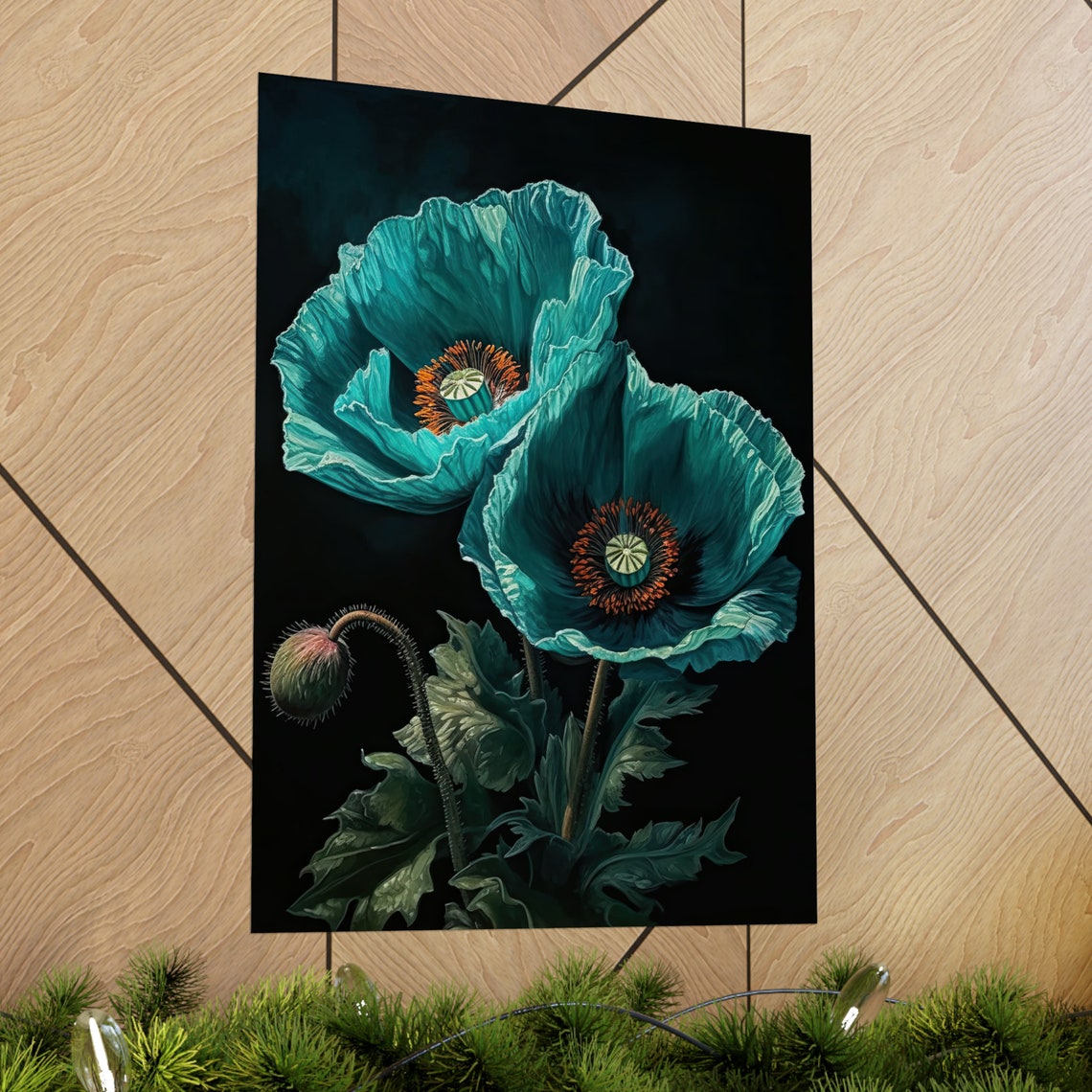 Turquoise Blue Poppy Blooms Dark Background Botanical Art Print - Image 2