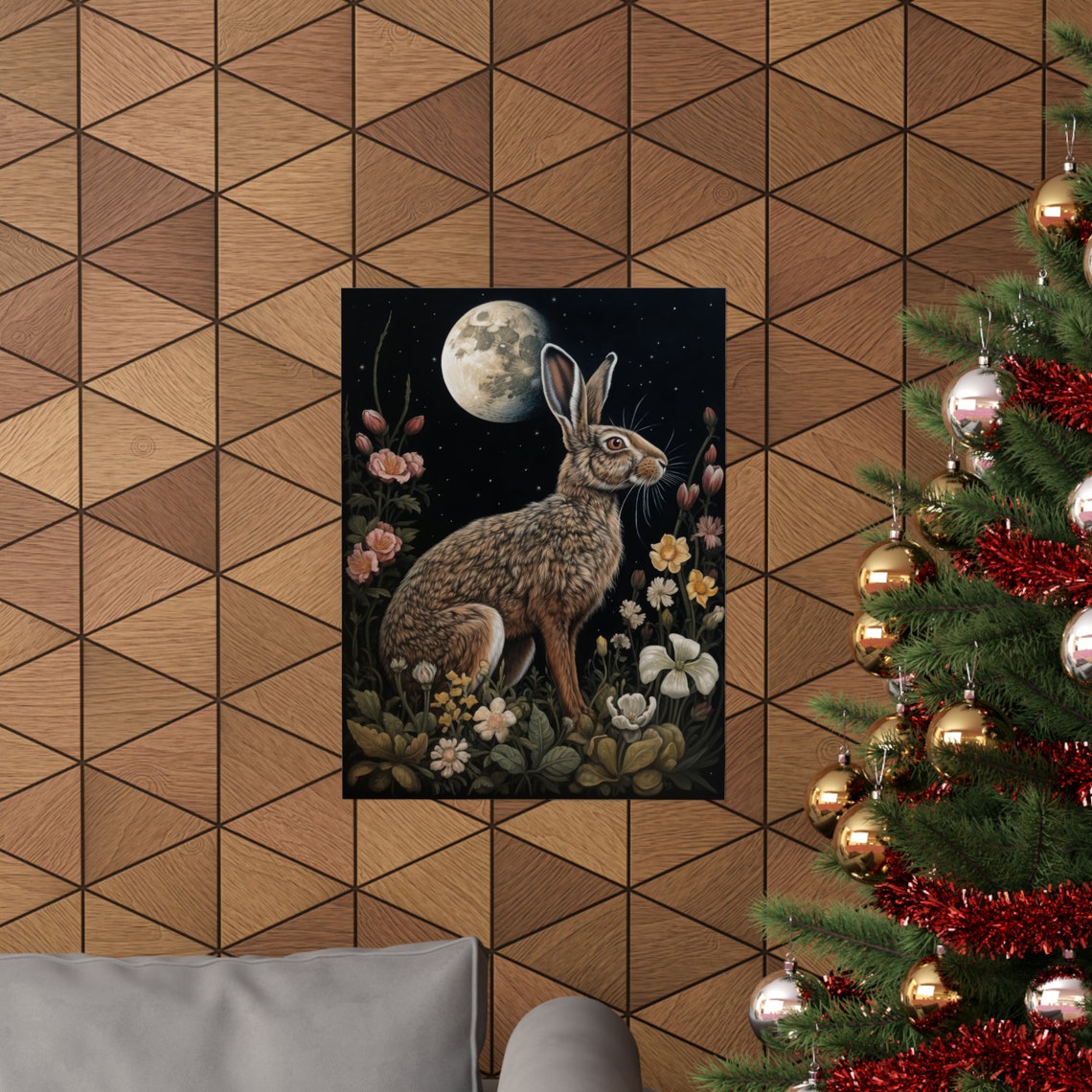 Wild Hare Gazing at Moon Dark Academia Wildflower Night Poster - Image 3