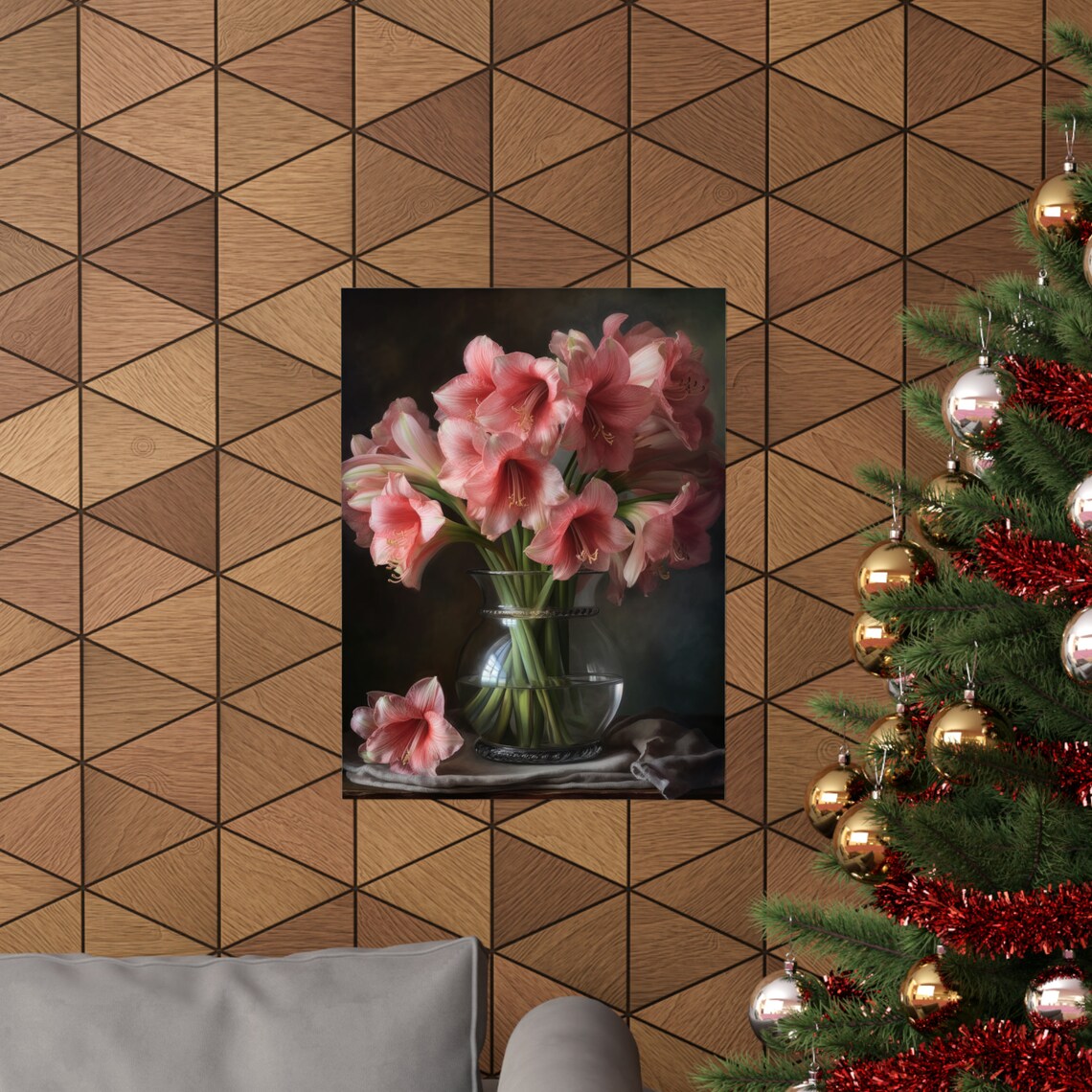 Pink Amaryllis Bouquet Dark Still Life Glass Vase Flower Art Print - Image 3