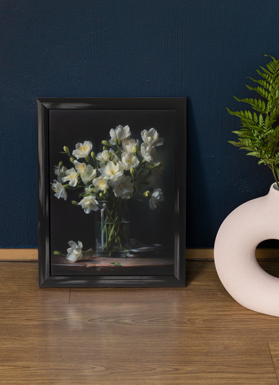 White Freesia Bouquet Glass Vase Dark Moody Still Life Poster