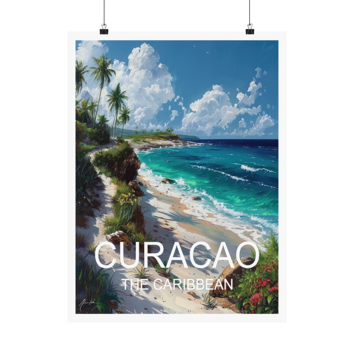 Curacao Caribbean Beach Cove Palm Trees Turquoise Water Travel Poster - Image 5