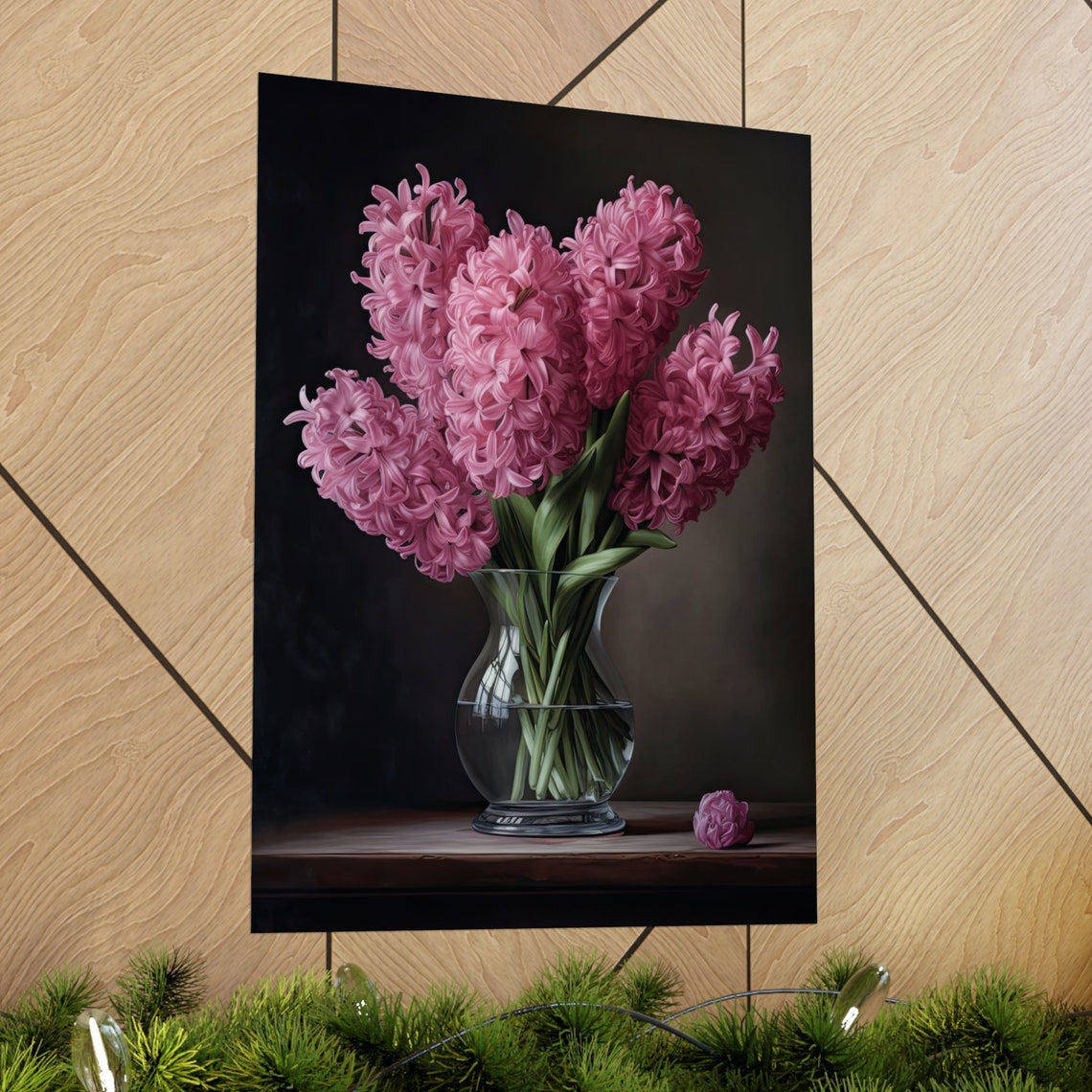 Pink Hyacinth Blooms Glass Vase Dark Moody Still Life Flower Poster - Image 2