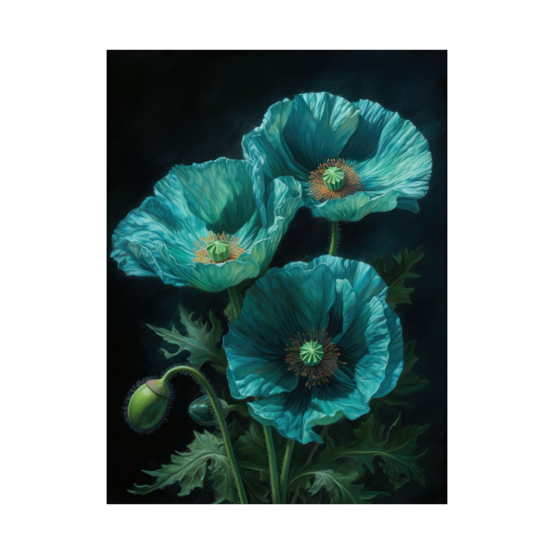 Turquoise Poppy Flowers Dark Background Trio Botanical Painting Poster - Image 4
