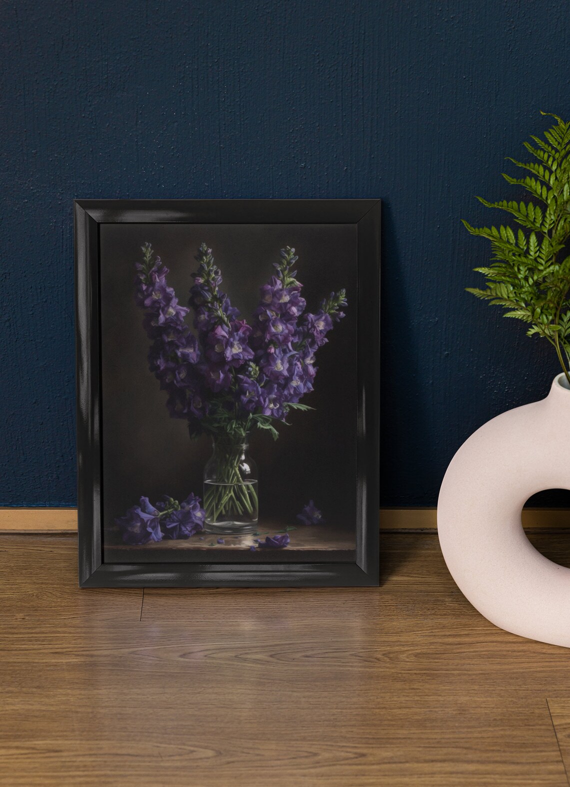 Deep Purple Delphinium Spikes Glass Vase Dark Still Life Poster