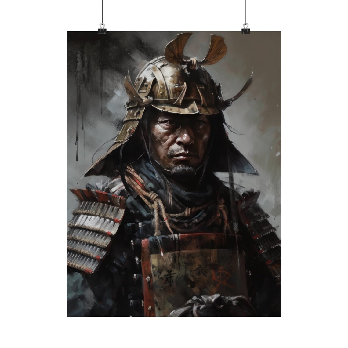Samurai in Crescent Horned Helmet Dark Moody Oil Painting Art Print - Image 5