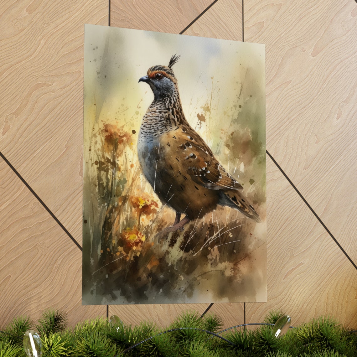 Crested Quail Golden Grass Watercolor Bird Art Rustic Wall Art Print - Image 2