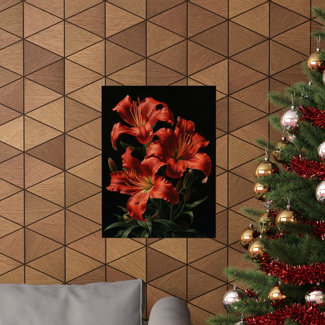 Red Lilies Dark Moody Floral Oil Painting Dramatic Botanical Wall Art - Image 3
