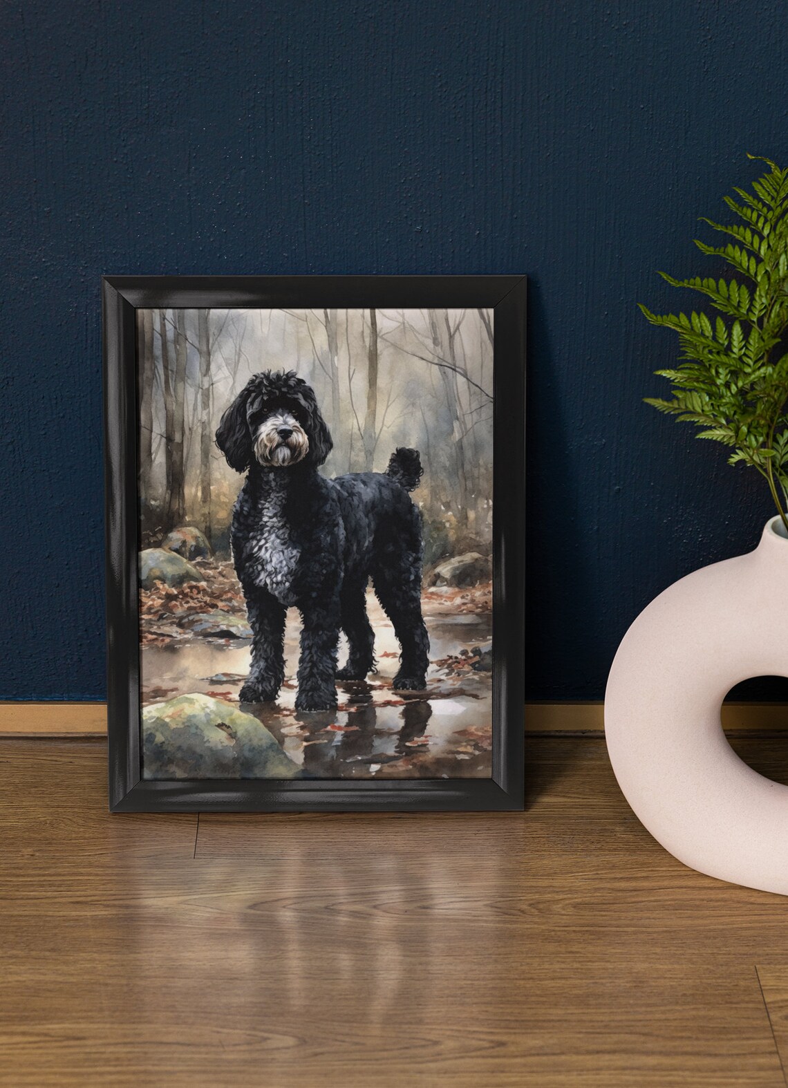 Portuguese Water Dog Standing In Misty Forest Stream Watercolor Print