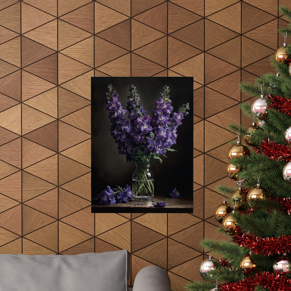 Deep Purple Delphinium Spikes Glass Vase Dark Still Life Poster - Image 3
