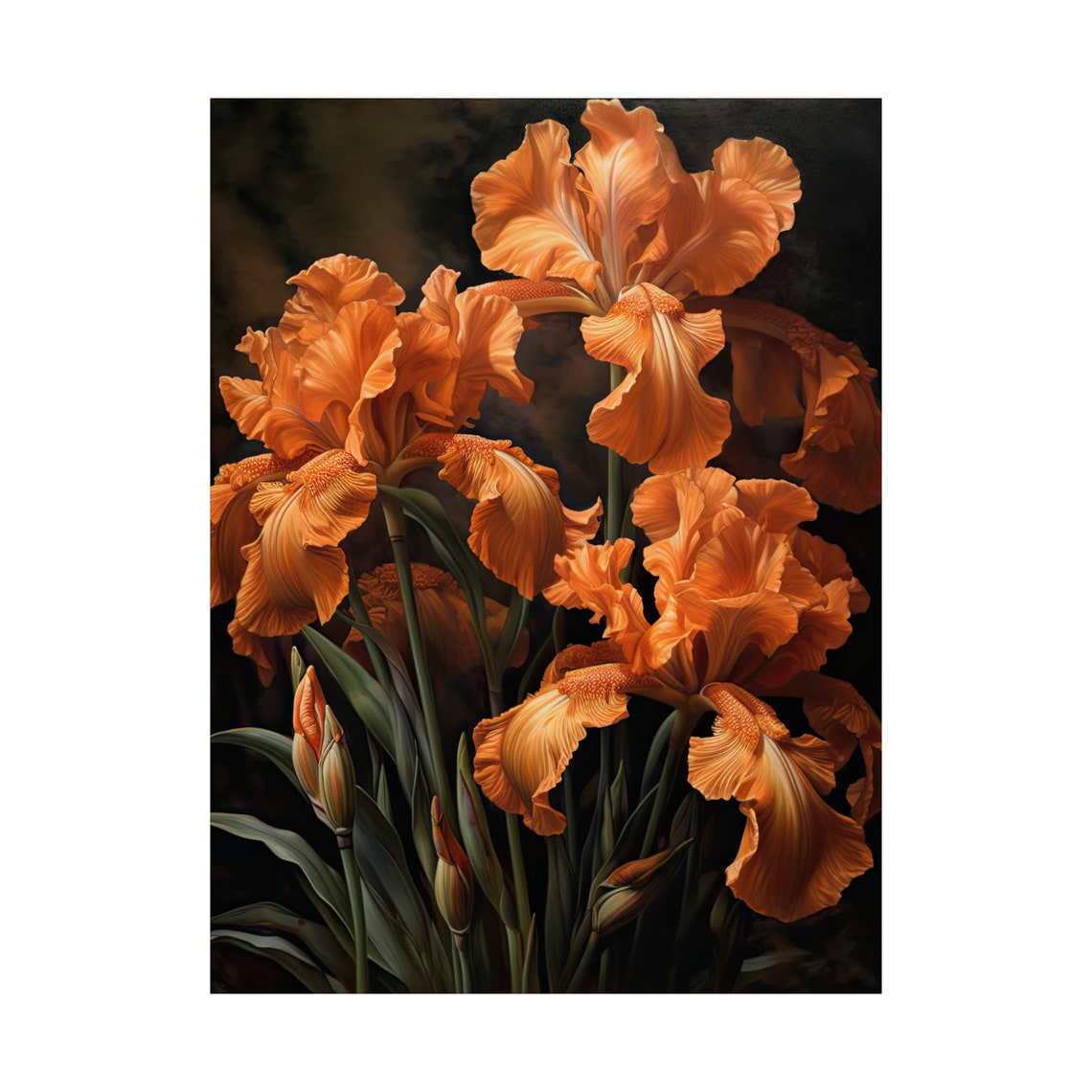 Vibrant Orange Iris Bloom Cluster Dark Moody Floral Wall Art Print - Image 4