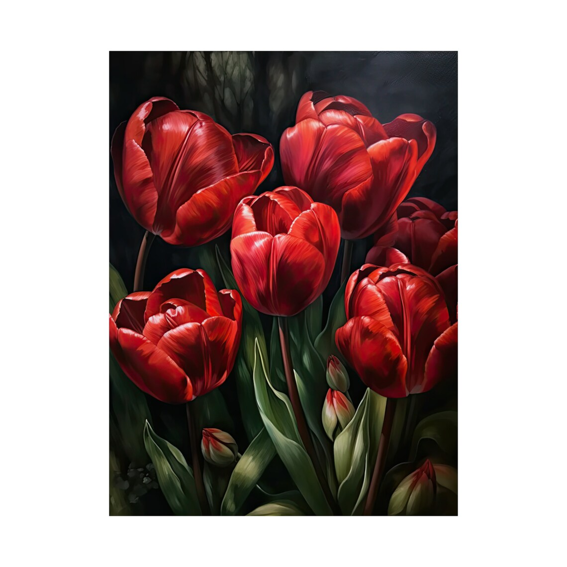 Deep Red Tulips Lush Dark Moody Oil Painting Floral Wall Art - Image 4