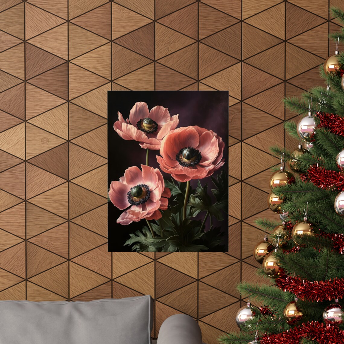Coral Pink Anemone Blooms Dark Moody Floral Still Life Poster - Image 3