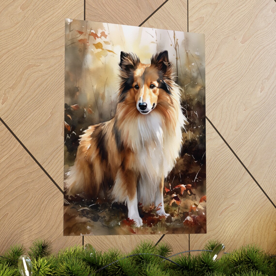 Shetland Sheepdog Dog Sitting in Sunlit Autumn Leaves Scene Poster - Image 2
