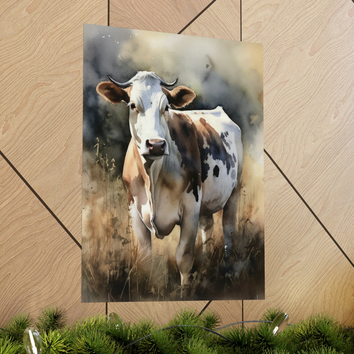 Brown White Cow Golden Field Portrait Watercolor Farm Art Print - Image 2