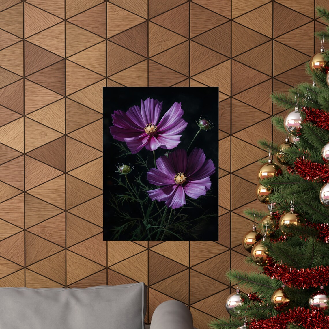 Purple Cosmos Flowers Dark Background Moody Floral Fine Art Poster - Image 3