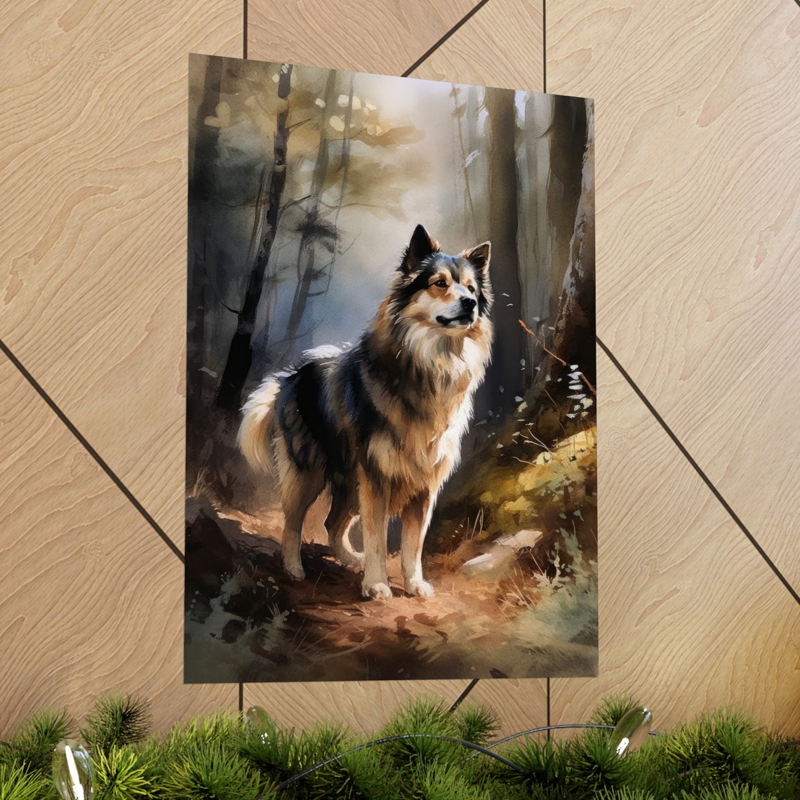 Finnish Lapphund Watercolor Portrait Standing In Autumn Woods Poster - Image 2