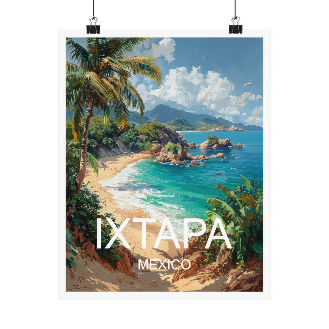 Ixtapa Mexico Tropical Beach Palm Trees Blue Ocean Travel Poster - Image 4