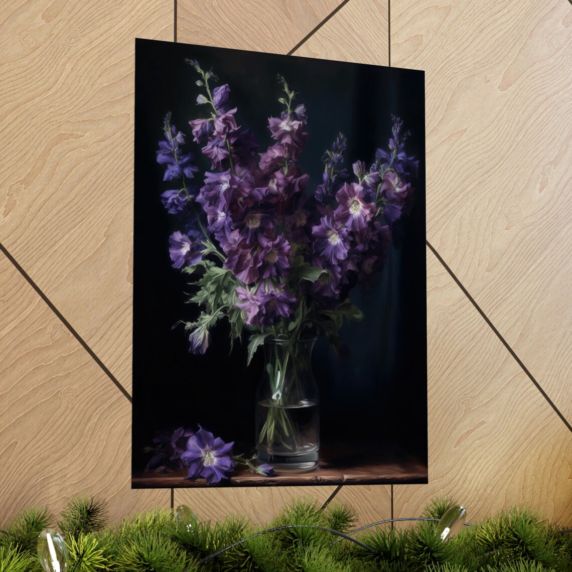 Purple Delphinium Flowers Glass Vase Dark Still Life Fine Art Poster - Image 2