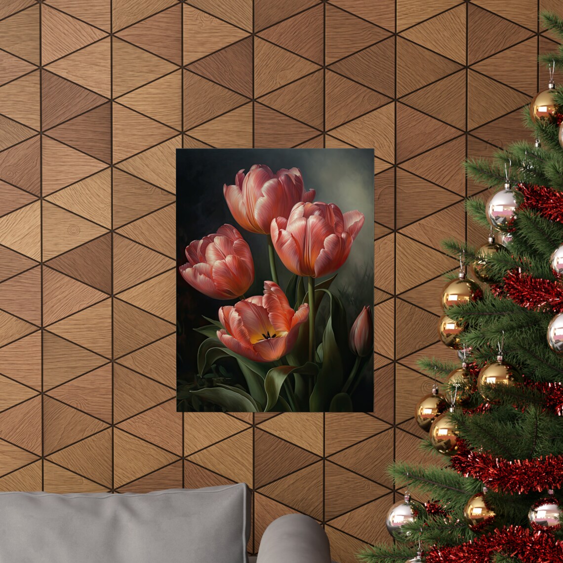Four Coral Pink Tulips Dark Moody Oil Painting Floral Wall Art - Image 3