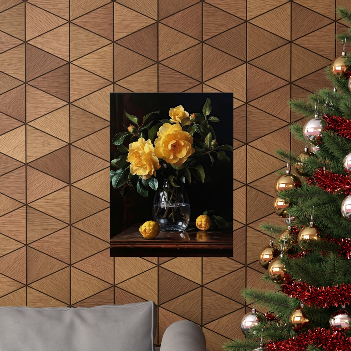 Yellow Camellia Blooms Dark Still Life Glass Vase Flower Art Print - Image 3