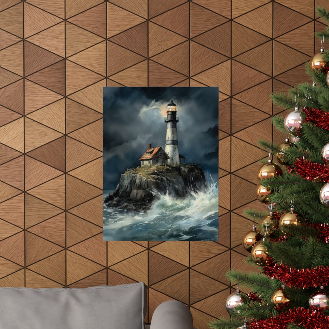 White Lighthouse Dark Rocky Island Night Storm Watercolor Poster - Image 3