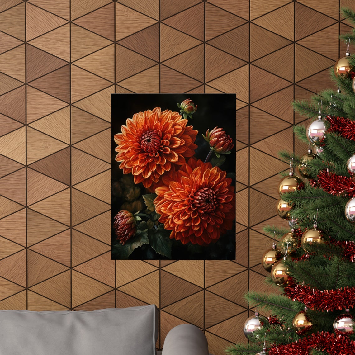 Rust Orange Dahlia Blooms Dramatic Dark Floral Botanical Art Print - Image 3