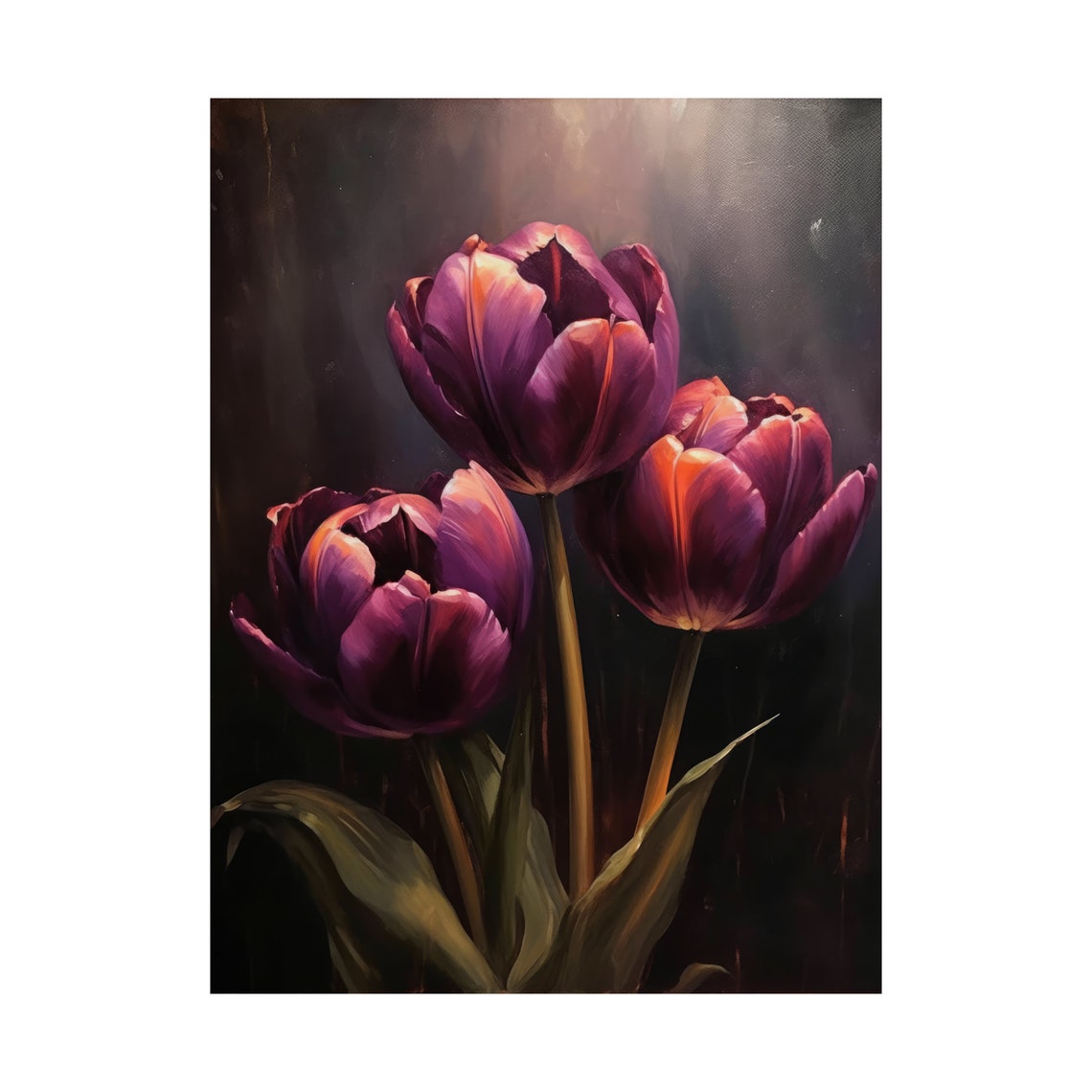 Three Purple Tulips Dramatic Spotlight Dark Moody Floral Wall Art - Image 4