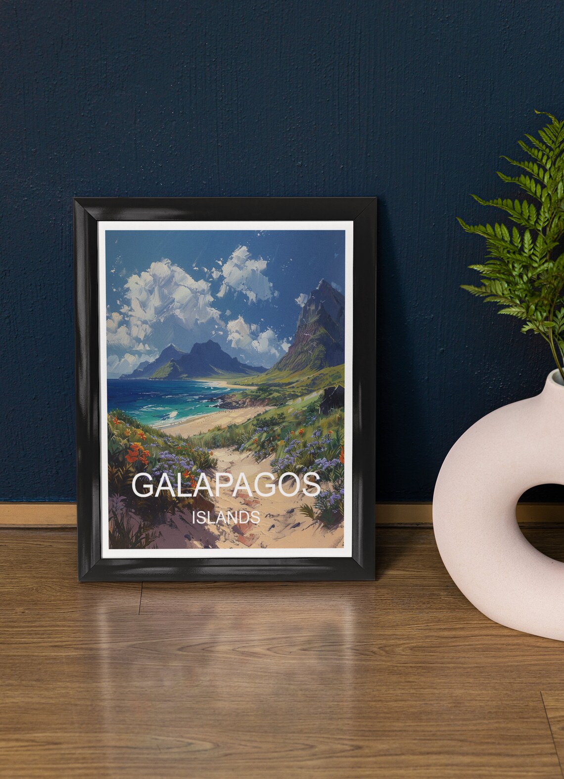Galapagos Islands Volcanic Beach Turquoise Sea Travel Poster