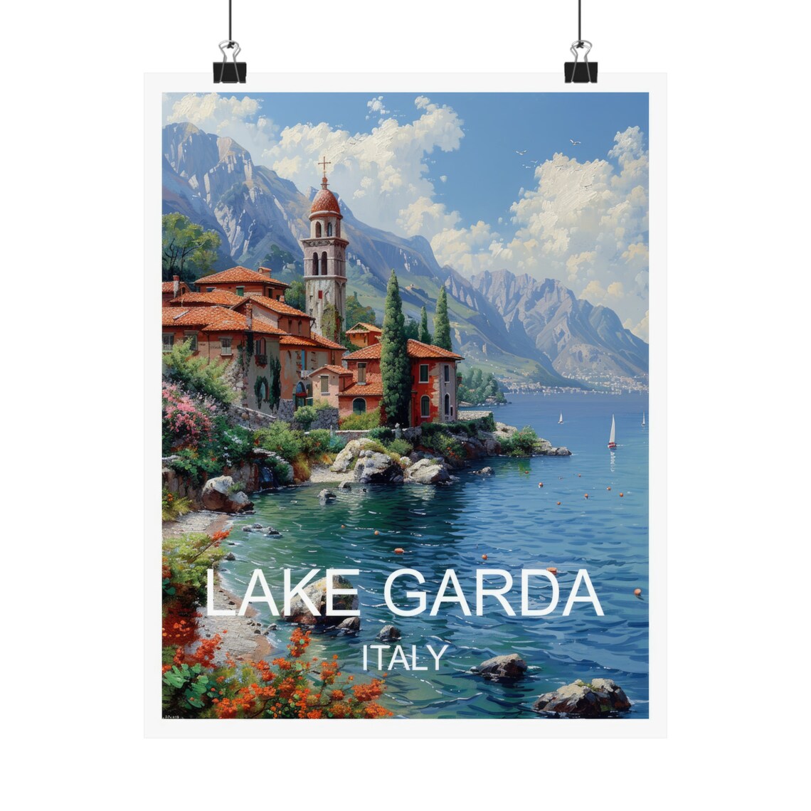 Lake Garda Italy Lakeside Church Mountain View Travel Poster - Image 4