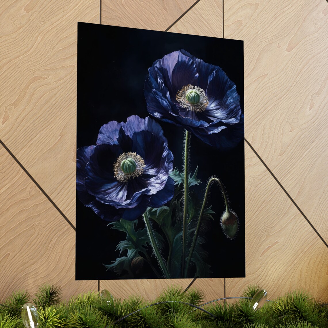 Blue Poppy Flowers Indigo Night Botanical Oil Painting Art Print - Image 2