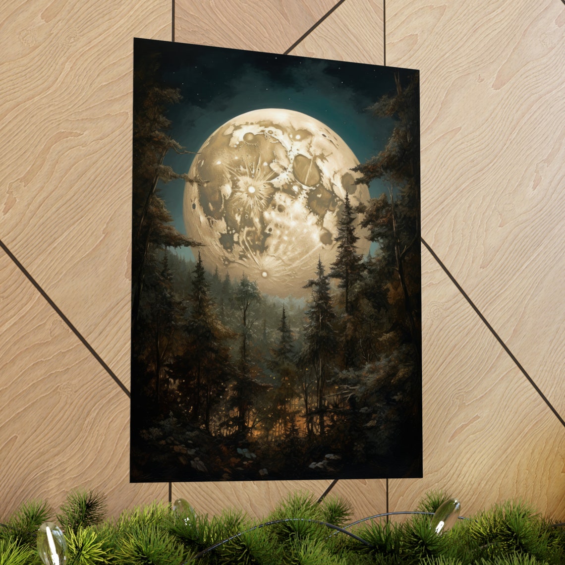 Huge Detailed Moon Rising Behind Dark Pine Silhouettes Gothic Wall Art - Image 2