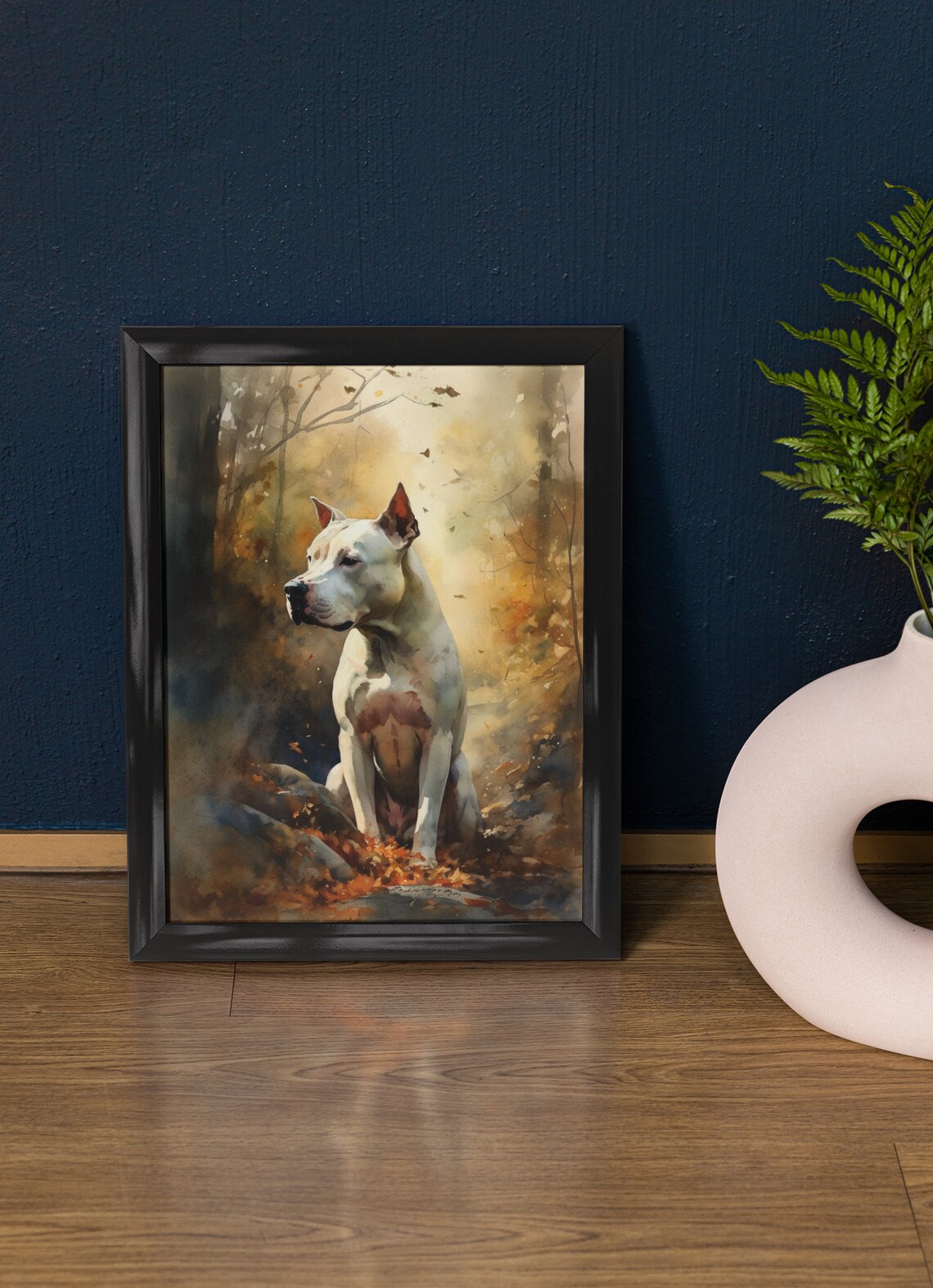 Dogo Argentino White Dog Autumn Forest Watercolor Portrait Poster