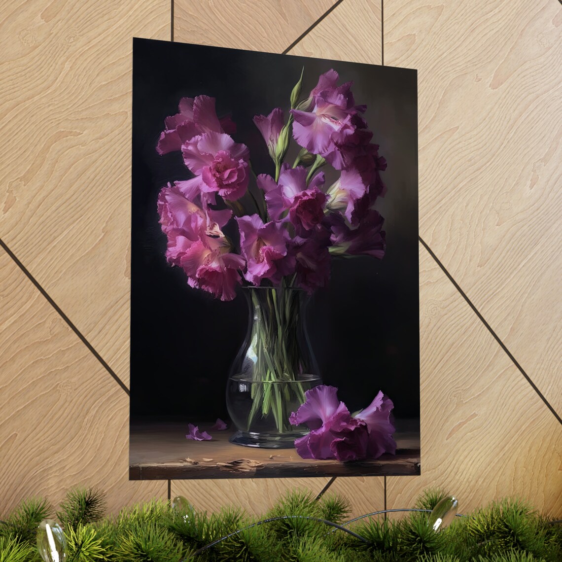 Purple Gladiolus Blooms Glass Vase Dark Moody Still Life Flower Poster - Image 2