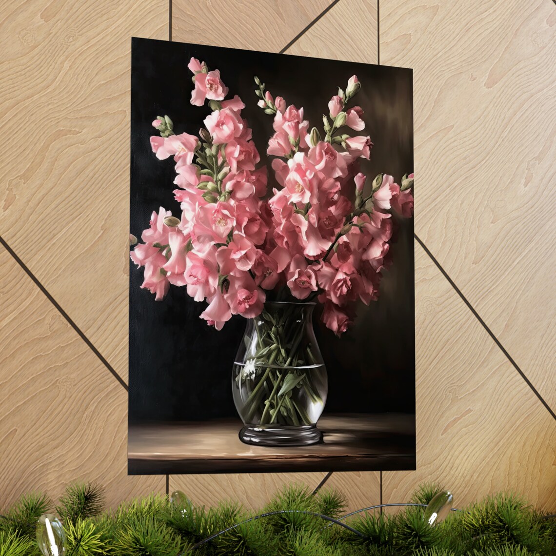 Pink Snapdragon Flowers Glass Vase Dark Background Floral Art Print - Image 2